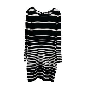 INC Black & White Striped Knit Dress Long Sleeve Knee Length Zip Detail Size M